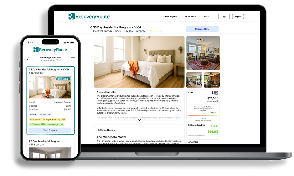 RecoveryRoute application interface shown on a MacBook and an iPhone.